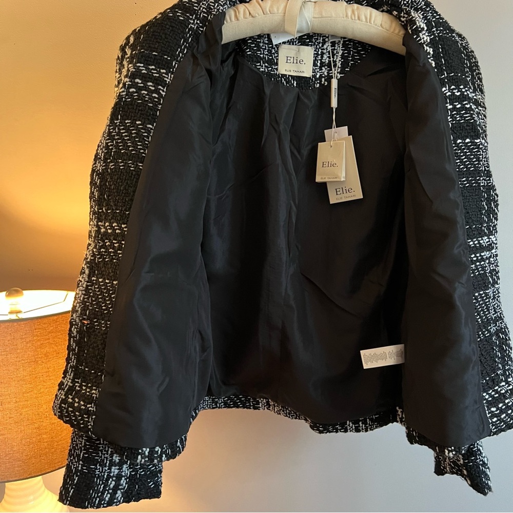 ELIE TAHARI Black and White Plaid Tweed Blazer Jacket - Picture 3 of 10